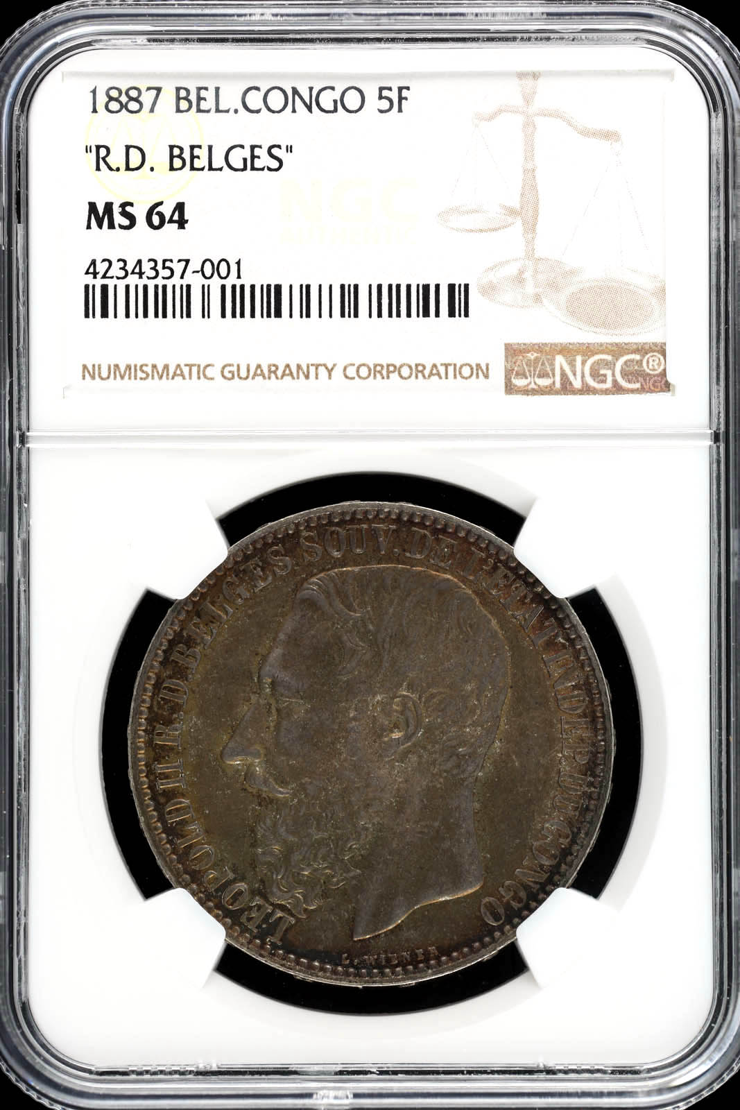 Belgian Congo 5 Francs 1887 NGC MS64 KM8.1 33189 | World