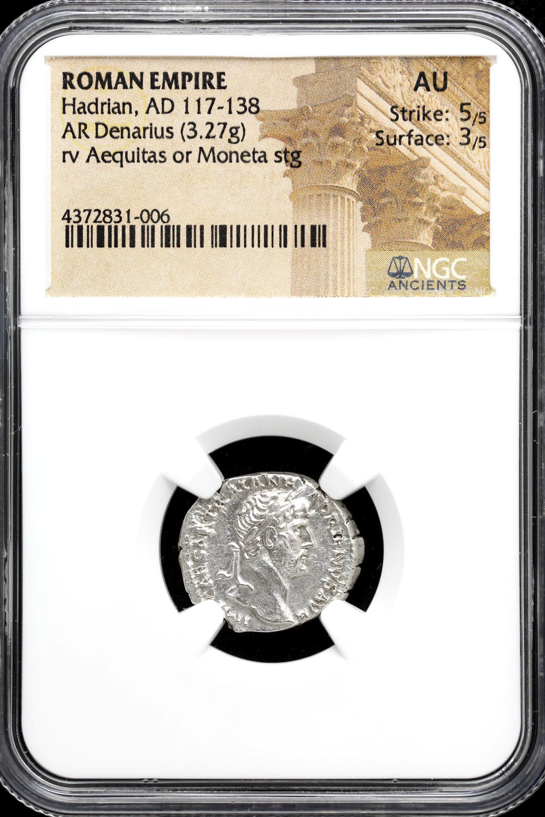 Ancient Coins Roman Imperial Roman Imperial Hadrian 117-138 AD AR Denarius NGC AU 34919 Roman Imperial Hadrian 117-138 AD AR Denarius NGC AU 34919Roman Imperial Hadrian 117-138 AD AR Denarius NGC AU 34919