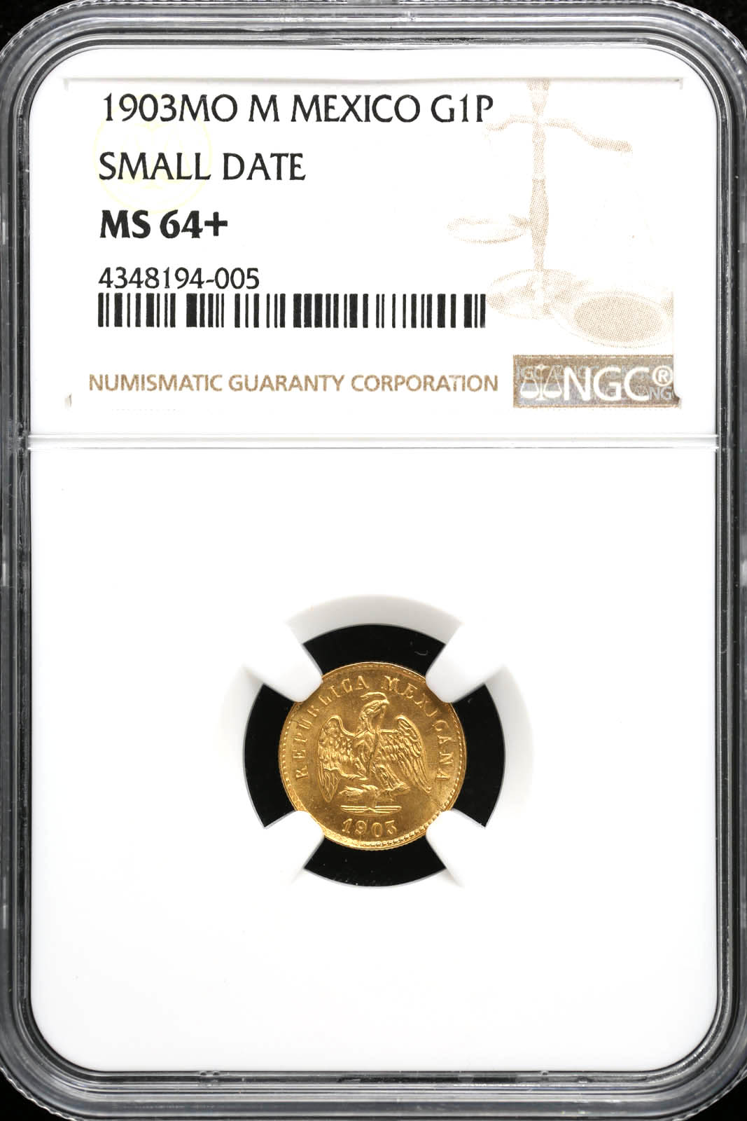 Mexican Coins Mexican Coins Republic Gold Republic Gold 1 Peso 1903 Mo M NGC MS64+ KM410.5 35587 Republic Gold 1 Peso 1903 Mo M NGC MS64+ KM410.5 35587Republic Gold 1 Peso 1903 Mo M NGC MS64+ KM410.5 35587
