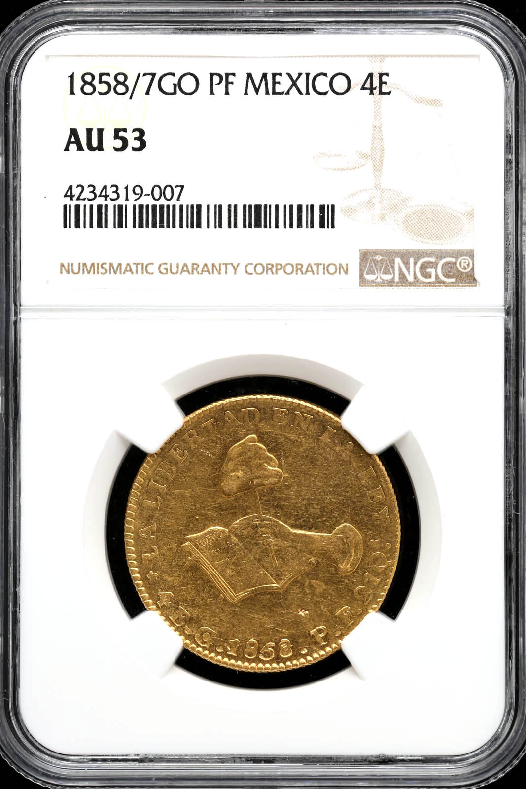 Mexican Coins Mexican Coins Republic Gold Republic Gold 4 Escudos 1858/7 Go PF NGC AU53 KM381.4 35782 Republic Gold 4 Escudos 1858/7 Go PF NGC AU53 KM381.4 35782Republic Gold 4 Escudos 1858/7 Go PF NGC AU53 KM381.4 35782