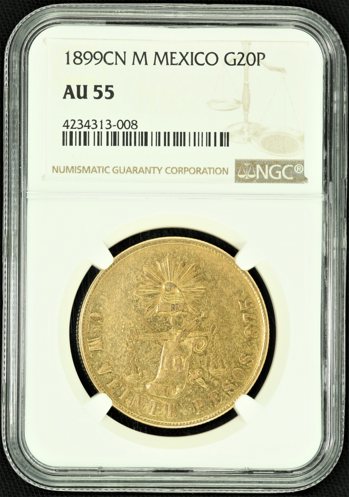 Republic Gold 20 Pesos 1899 Cn M NGC AU55 n_00715Republic Gold 20 Pesos 1899 Cn M NGC AU55 n_00715
