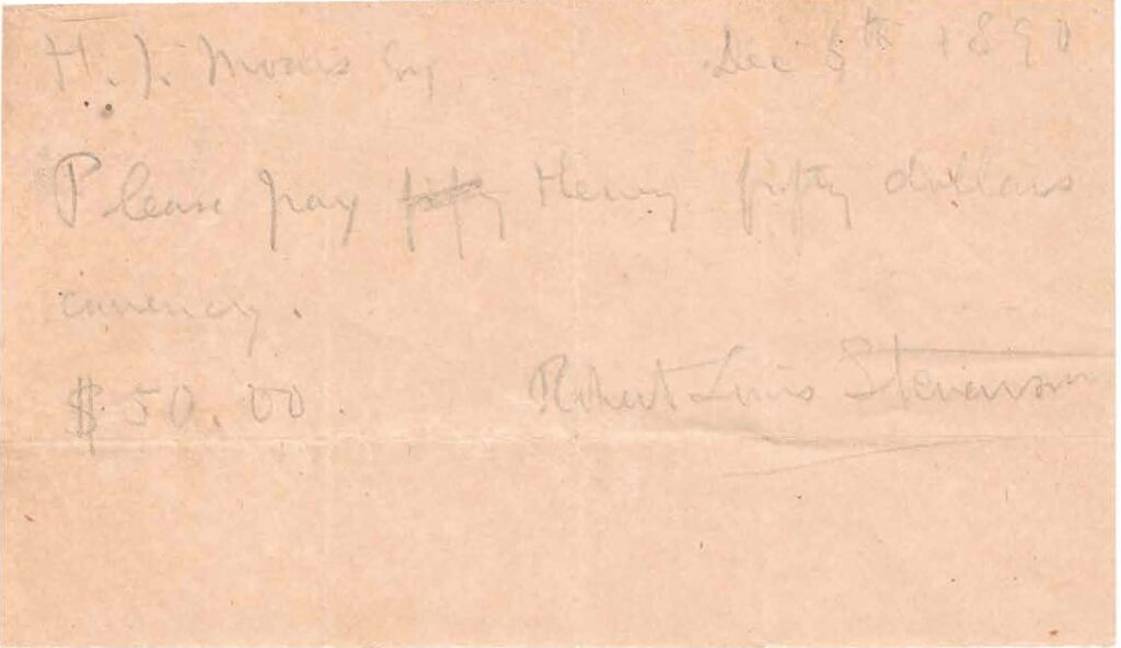 Robert Louis Stevenson signed letter 1890 37940Property of World Numismatics