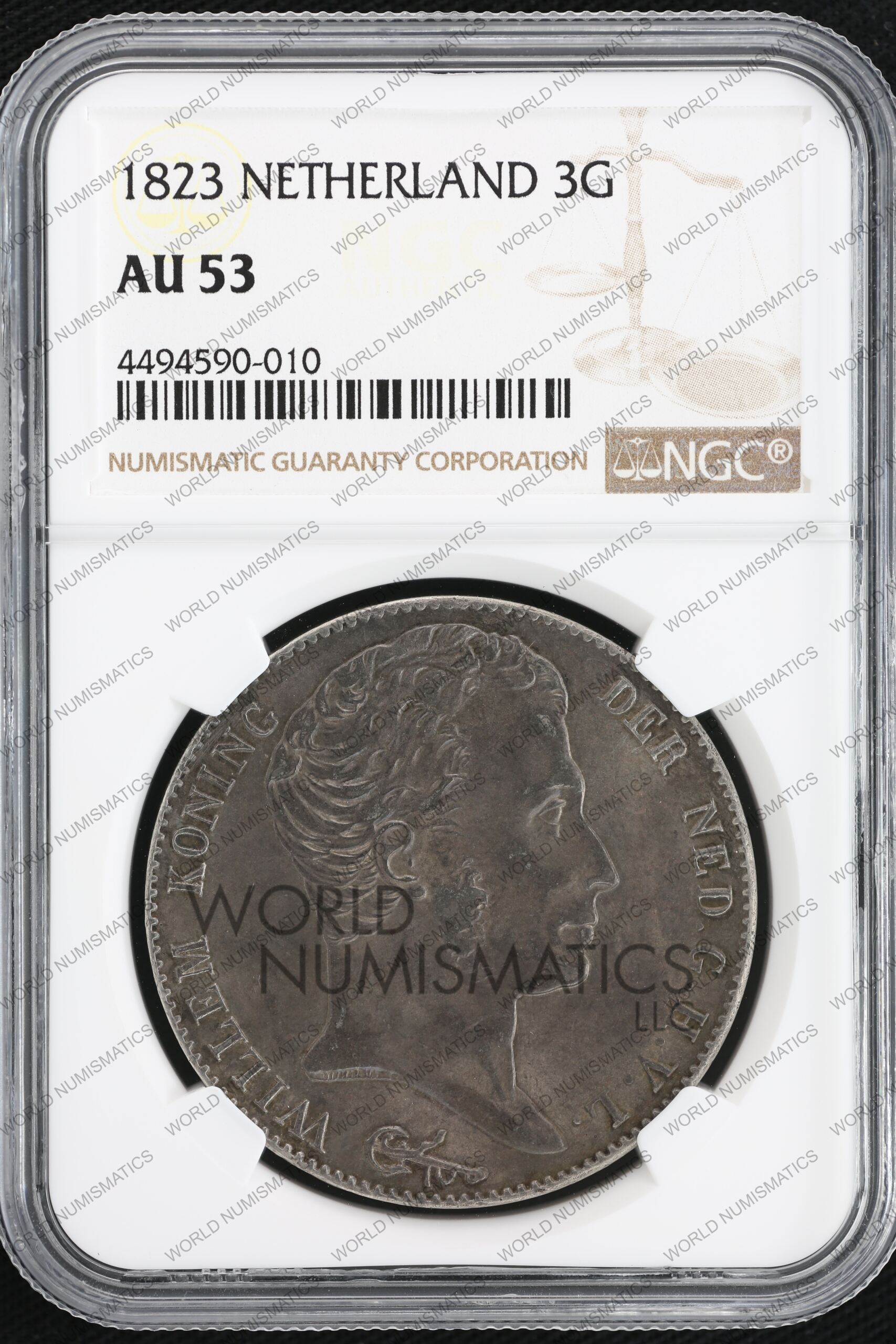 Europe Netherlands 3 Gulden 1823 NGC AU53 39160 | World Numismatics LLC