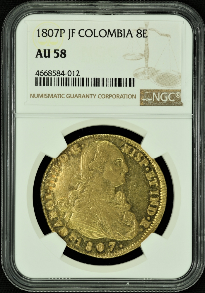 Colombia 8 Escudos 1807 P JF NGC AU58 44256Colombia 8 Escudos 1807 P JF NGC AU58 44256