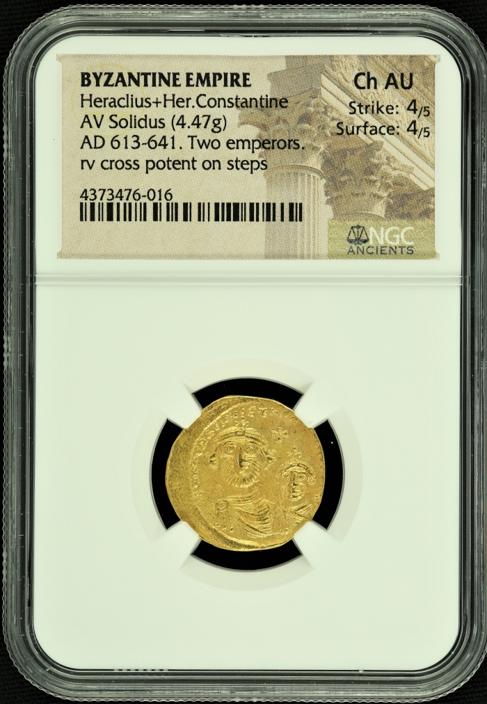 Byzantine Heraclius+Her.Constantine 613-641 AD AV Solidus NGC Ch AU 44637Byzantine Heraclius+Her.Constantine 613-641 AD AV Solidus NGC Ch AU 44637