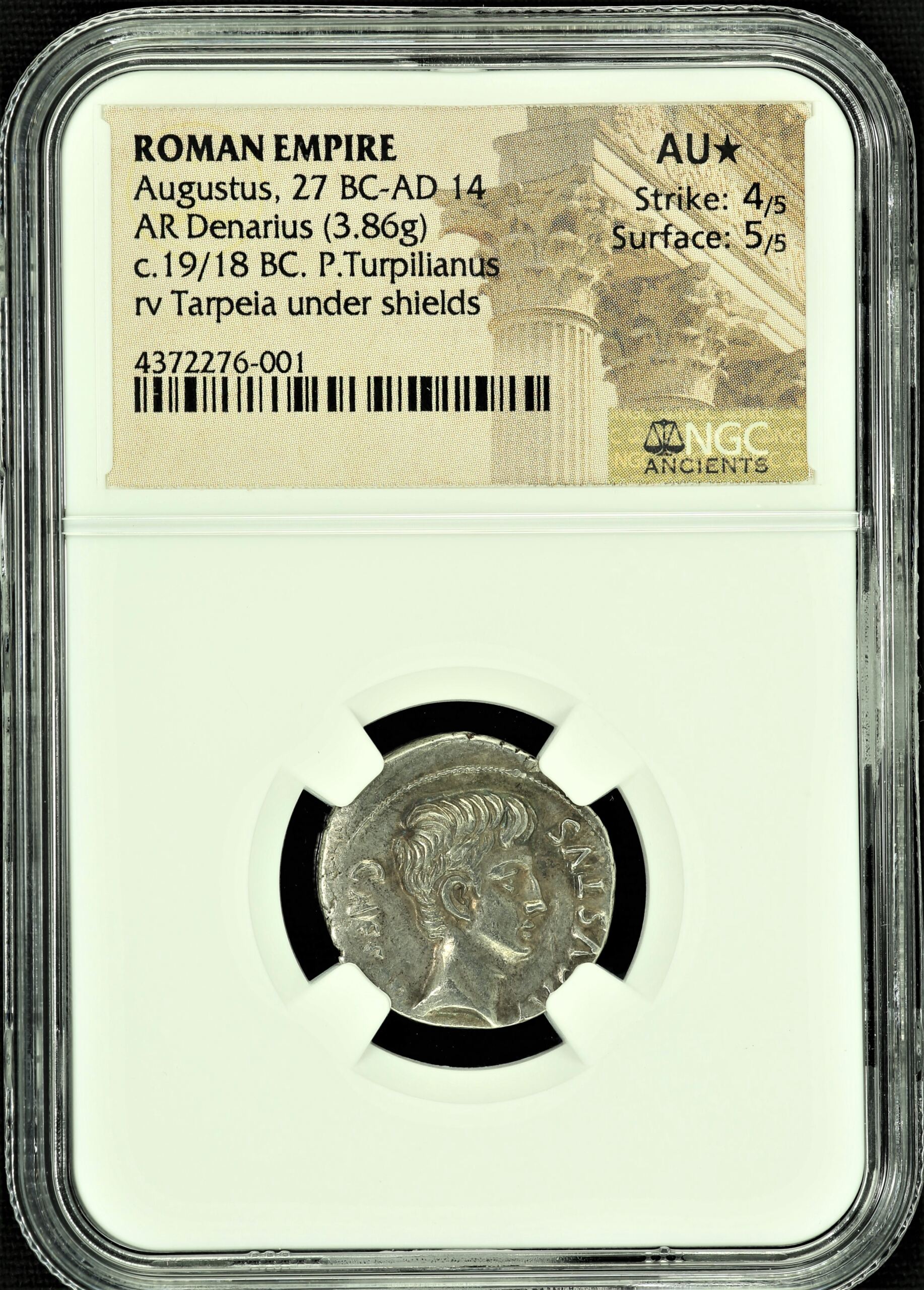 Ancient Coins Roman Imperial Roman Imperial Augustus Tarpeia 27 BC - 14 AD AR Denarius NGC AU* 45103 Roman Imperial Augustus Tarpeia 27 BC - 14 AD AR Denarius NGC AU* 45103Roman Imperial Augustus Tarpeia 27 BC - 14 AD AR Denarius NGC AU* 45103
