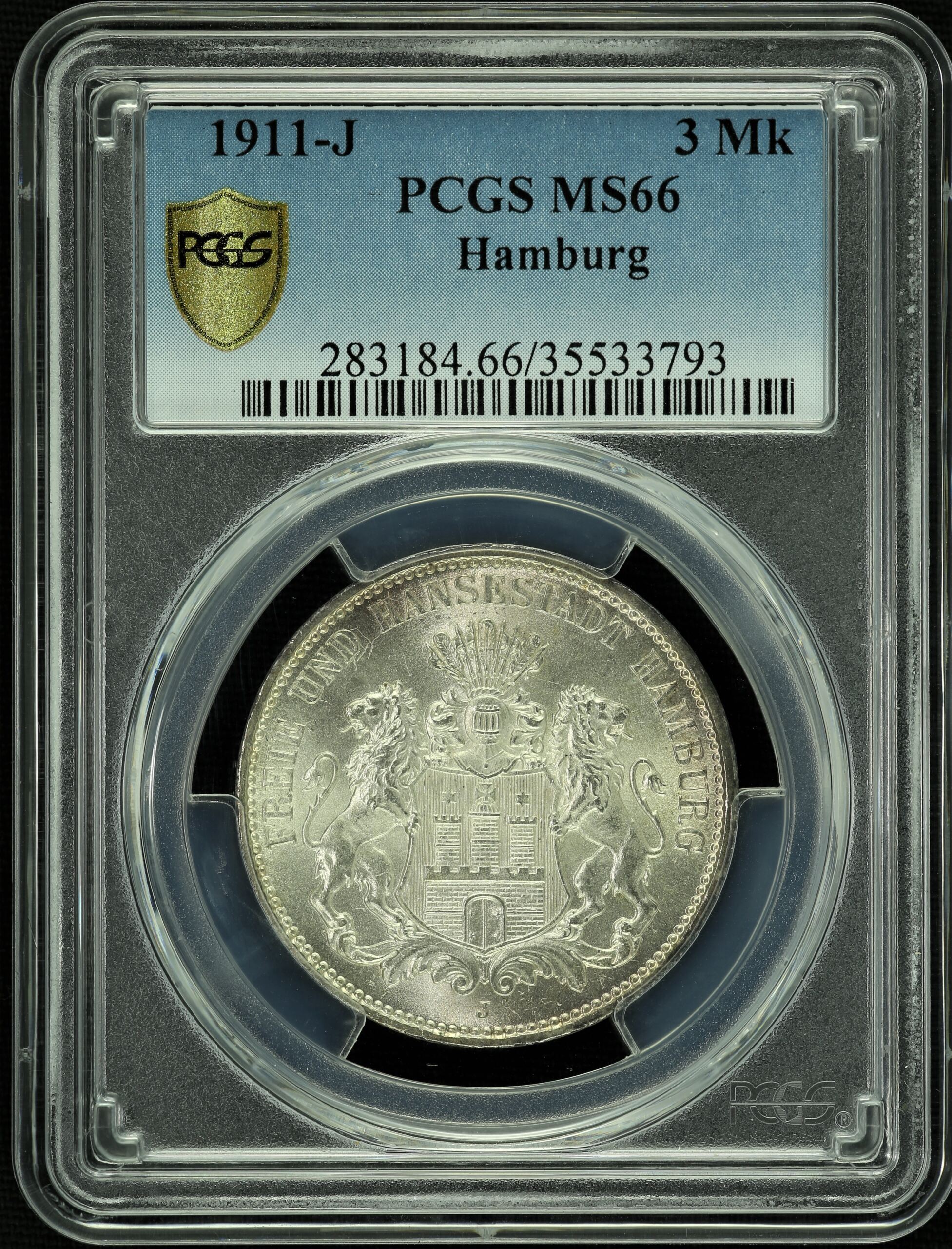 Germany Hamburg 3 Mark 1911 J PCGS MS66 45214 | World Numismatics LLC