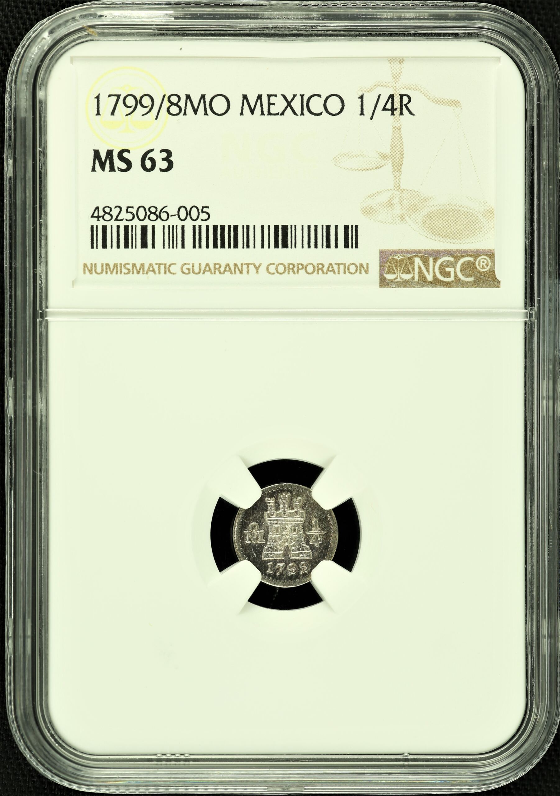 Colonial Silver & Minors Mexican Coins Colonial Silver & Minors 1/4 Real 1799/8 Mo NGC MS63 0100466 Colonial Silver & Minors 1/4 Real 1799/8 Mo NGC MS63 0100466Colonial Silver & Minors 1/4 Real 1799/8 Mo NGC MS63 0100466