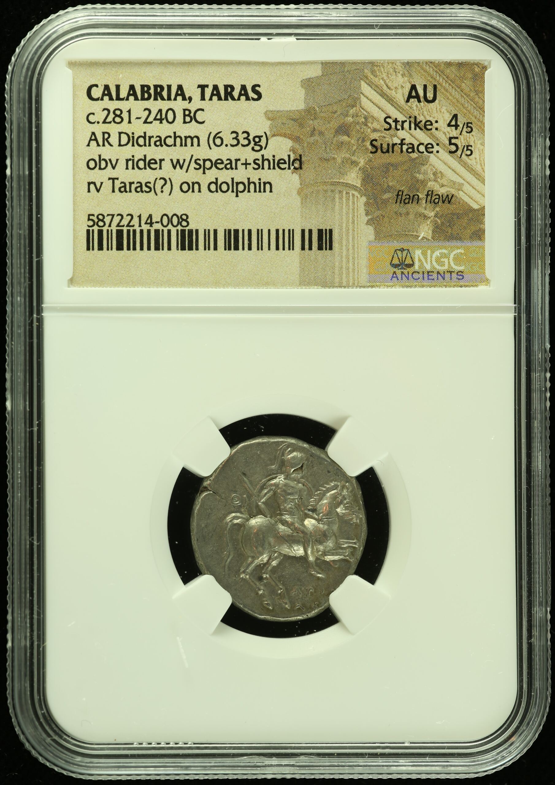 Ancient Coins Calabria Greek Calabria Taras c.281-240 BC AR Didrachm NGC AU 0110362 Calabria Taras c.281-240 BC AR Didrachm NGC AU 0110362Calabria Taras c.281-240 BC AR Didrachm NGC AU 0110362