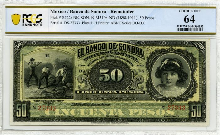 Bancos 50 Pesos ND(1897-1911) Sonora M510r PCGS Ch Unc 64 f_34208Bancos 50 Pesos ND(1897-1911) Sonora M510r PCGS Ch Unc 64 f_34208