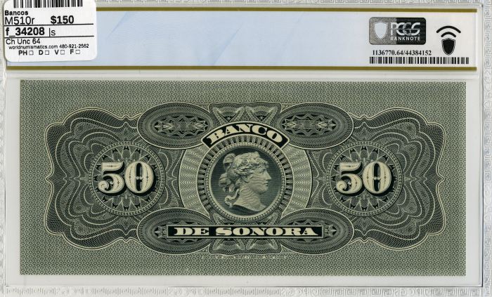 Bancos 50 Pesos ND(1897-1911) Sonora M510r PCGS Ch Unc 64 f_34208Bancos 50 Pesos ND(1897-1911) Sonora M510r PCGS Ch Unc 64 f_34208 - Image 2