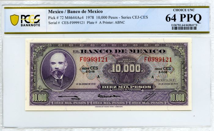 Banco De Mexico 10,000 Pesos 1978 M4644Ac4 PCGS Ch Unc 64 PPQ f_34219