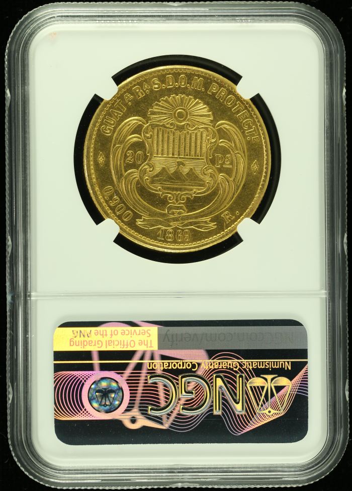 Guatemala 20 Pesos 1869 R NGC AU58 0122096 | World Numismatics LLC