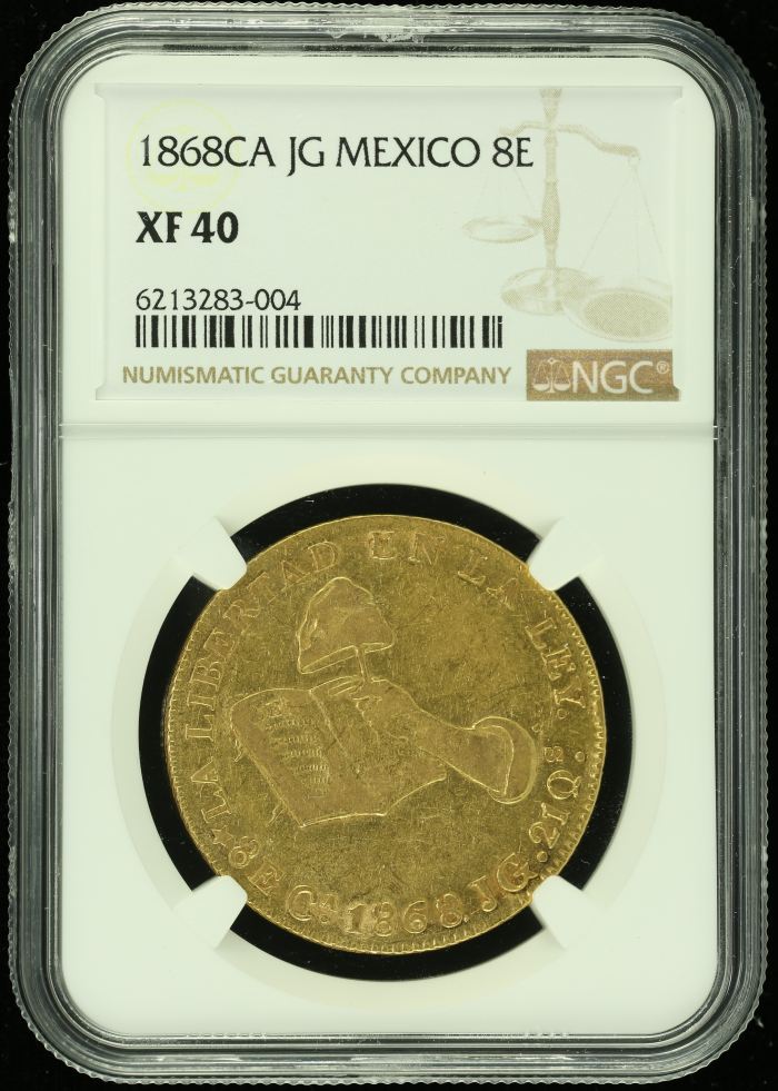 Republic Gold 8 Escudos 1868 Ca JG NGC XF40 0122213Republic Gold 8 Escudos 1868 Ca JG NGC XF40 0122213