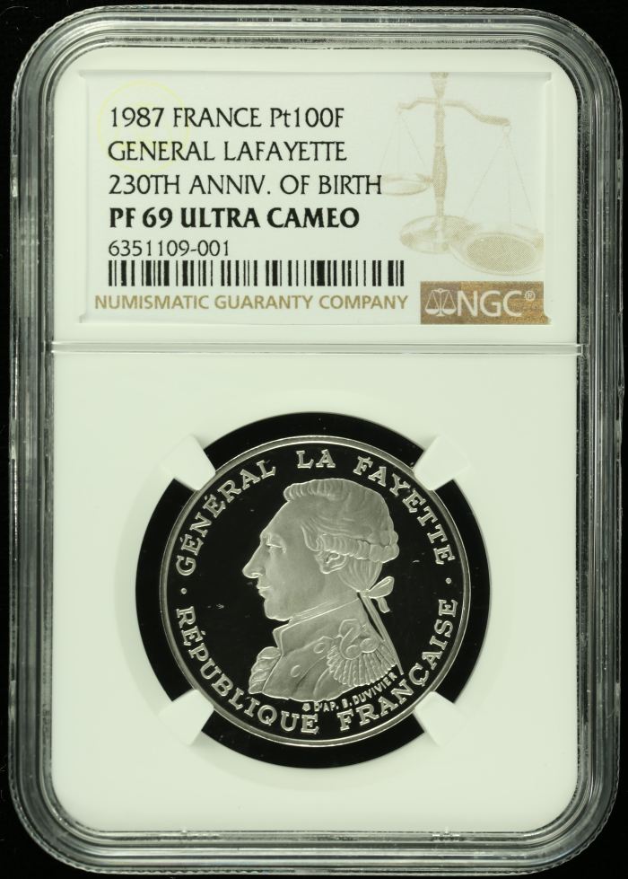 France Platinum 100 Francs 1987 NGC PF69 Ultra Cameo 0123109France Platinum 100 Francs 1987 NGC PF69 Ultra Cameo 0123109