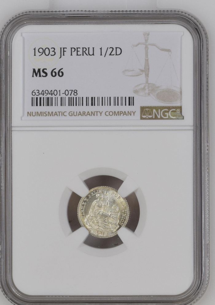 Peru 1/2 Dinero 1903 JF NGC MS66 0125385Peru 1/2 Dinero 1903 JF NGC MS66 0125385