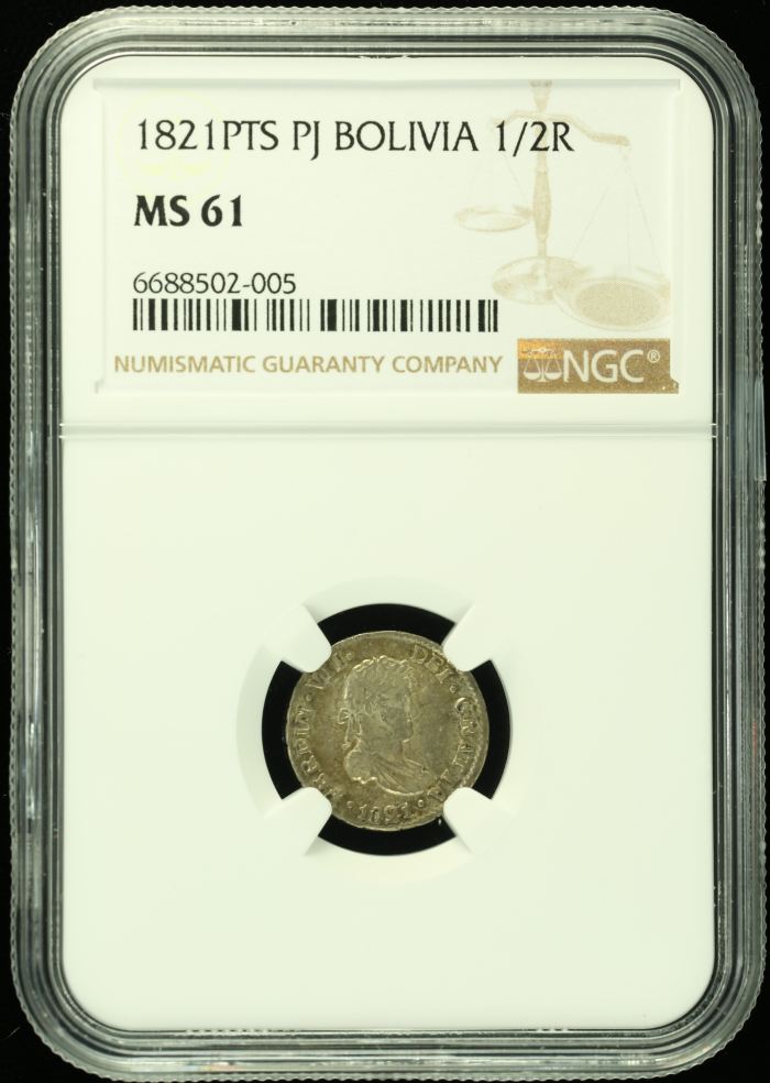 Bolivia 1/2 Real 1821 Pts PJ NGC MS61 0125256Bolivia 1/2 Real 1821 Pts PJ NGC MS61 0125256