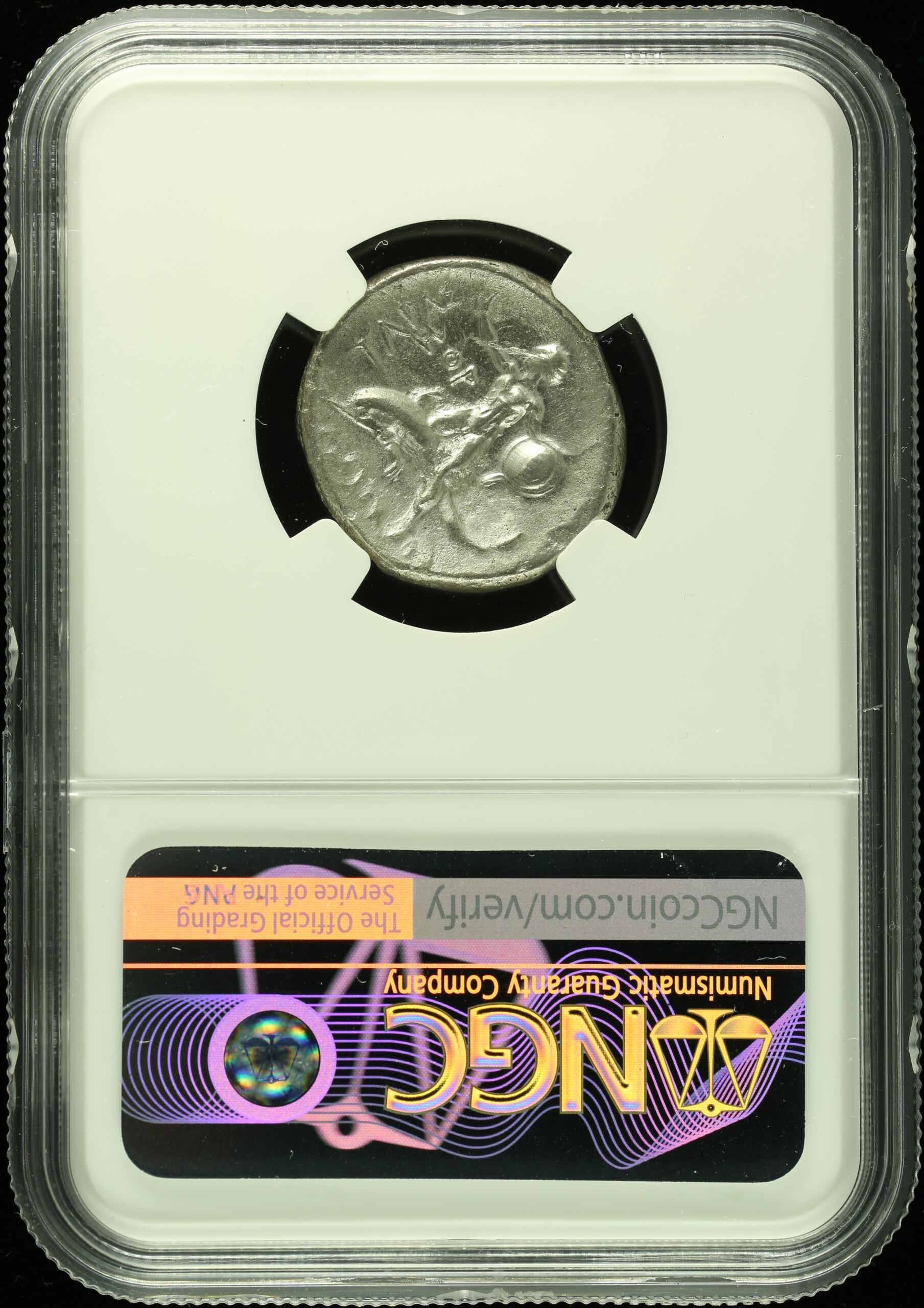 Ancient Coins Calabria Greek Calabria Taras c.302-280 BC AR Didrachm NGC AU 0126779 Calabria Taras c.302-280 BC AR Didrachm NGC AU 0126779Calabria Taras c.302-280 BC AR Didrachm NGC AU 0126779 - Image 2