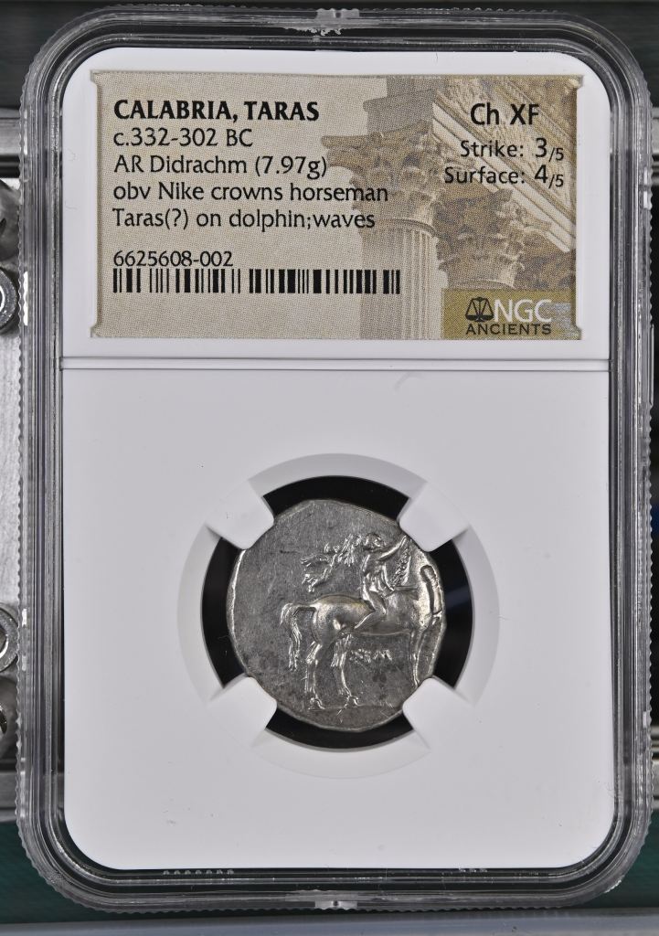 Calabria Taras c.332-302 BC AR Didrachm NGC Ch XF 0126935