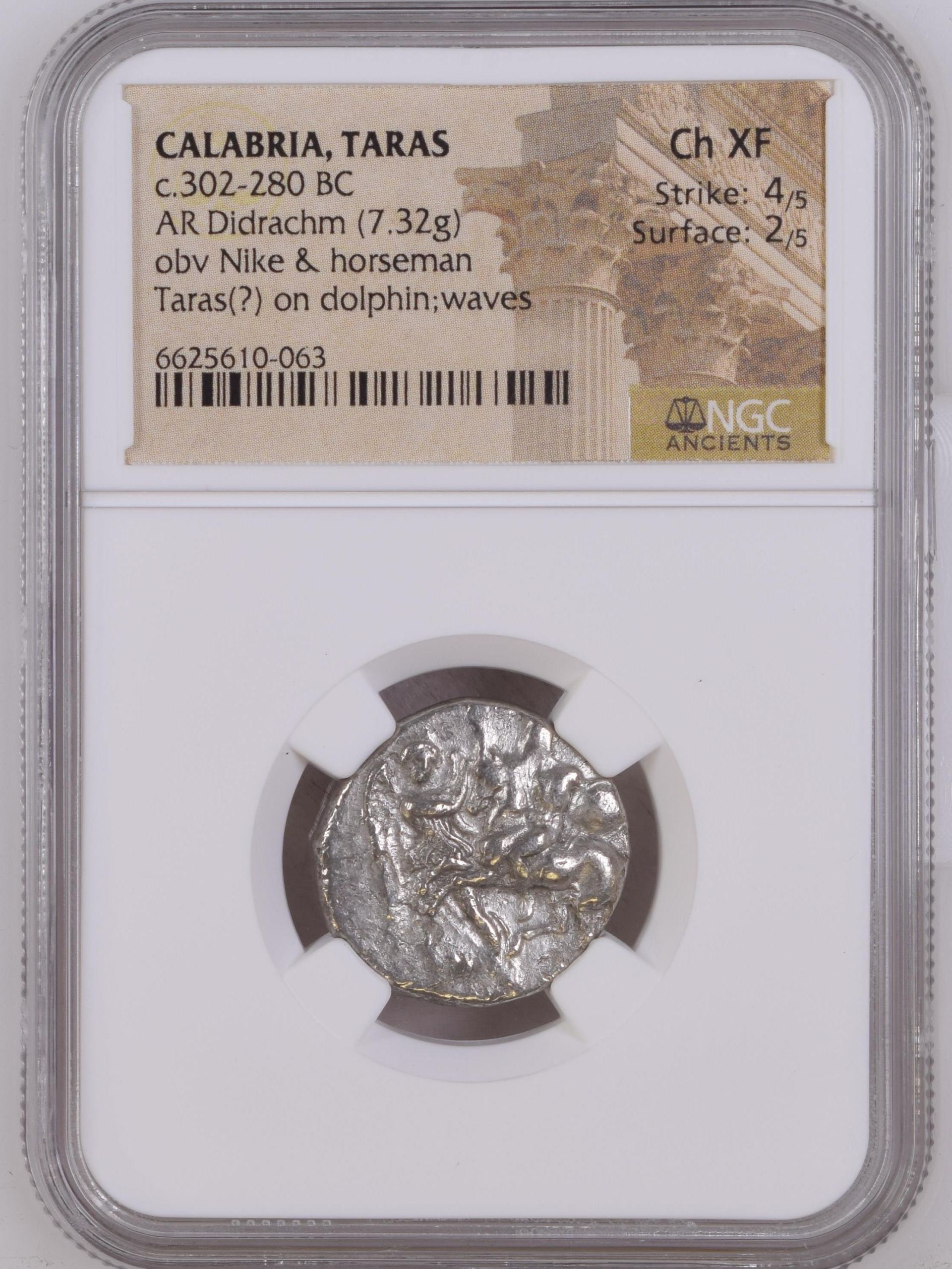 Calabria Taras c.302-280 BC AR Didrachm NGC Ch XF 0126942