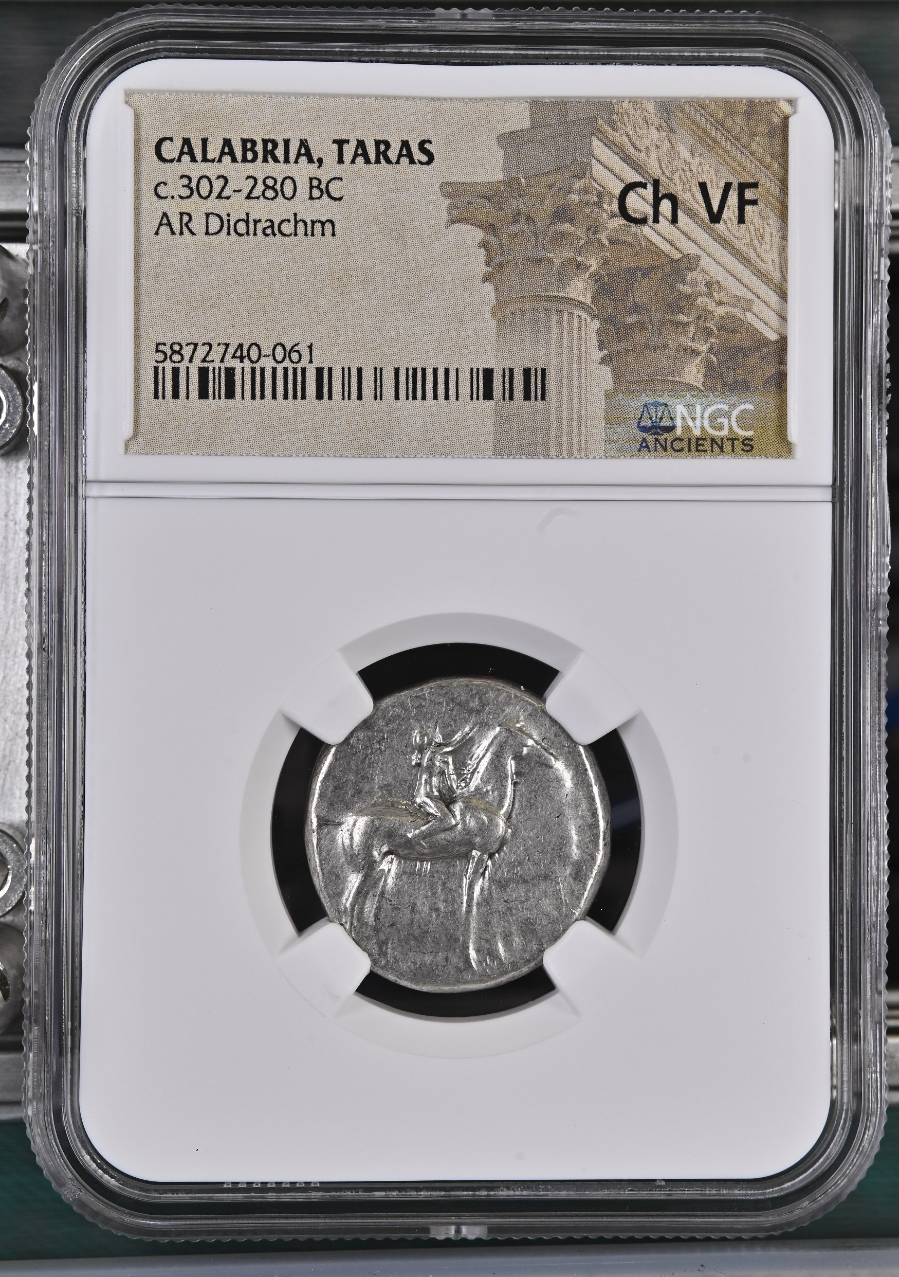 Ancient Coins Calabria Greek Calabria Taras c.302-280 BC AR Didrachm NGC Ch VF 0127270 Calabria Taras c.302-280 BC AR Didrachm NGC Ch VF 0127270Property of World Numismatics