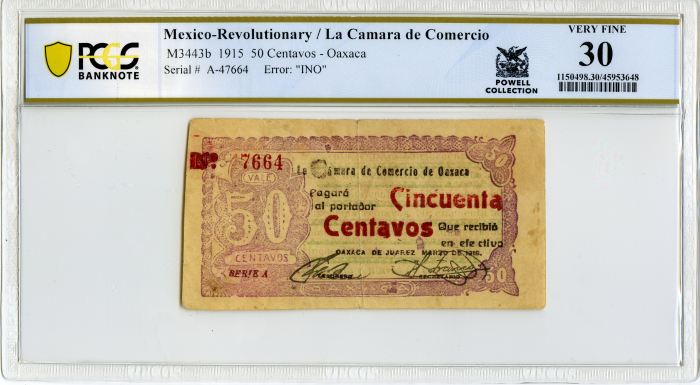 Revolutionary Currency 50 Centavos 1915 Oaxaca M3443b PCGS VF30 f_34313