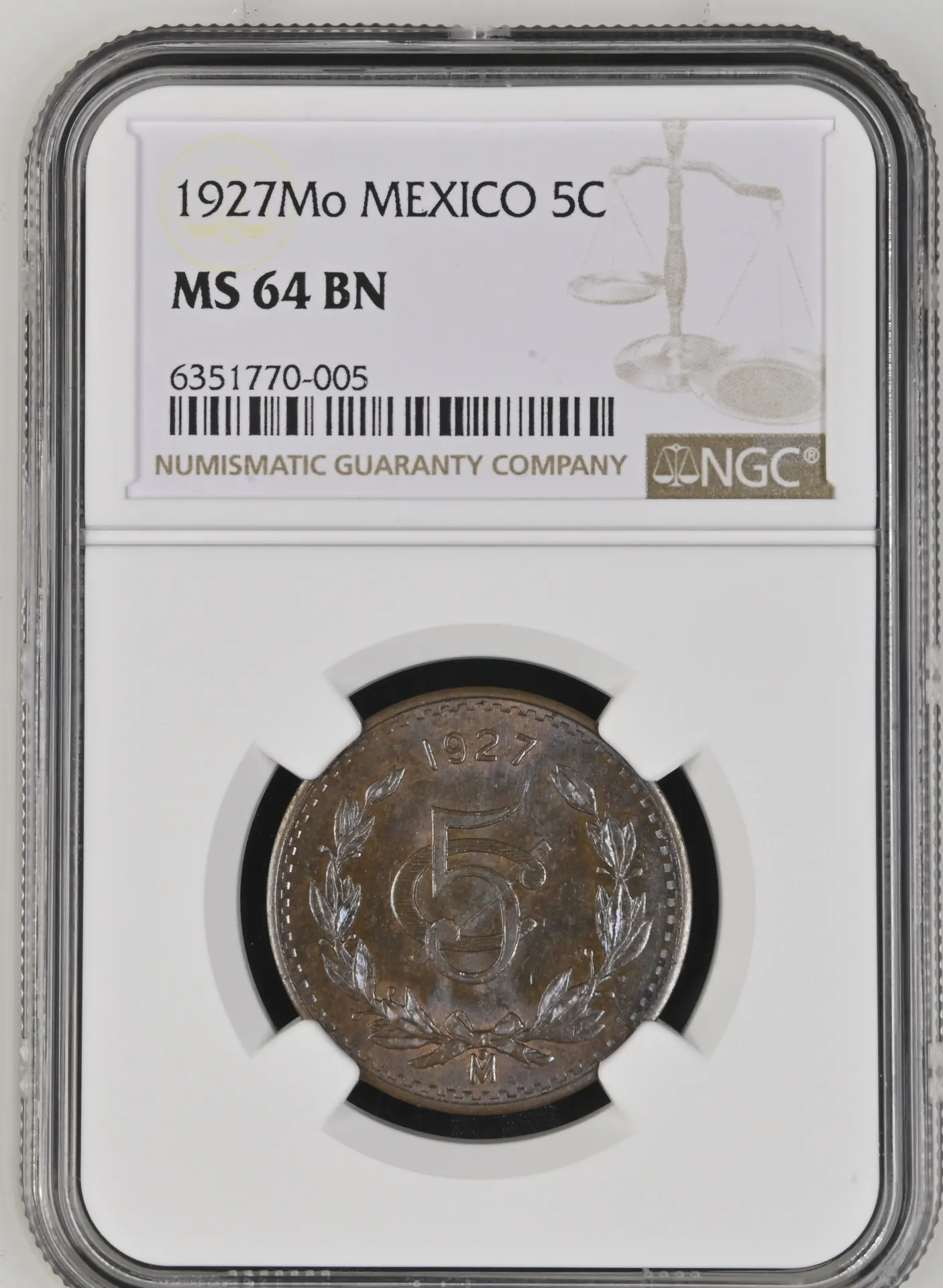 5 Centavo Mexican Coins Modern Silver & Minors Modern Silver & Minors 5 Centavo 1927 Mo NGC MS64BN 0129802 Modern Silver & Minors 5 Centavo 1927 Mo NGC MS64BN 0129802