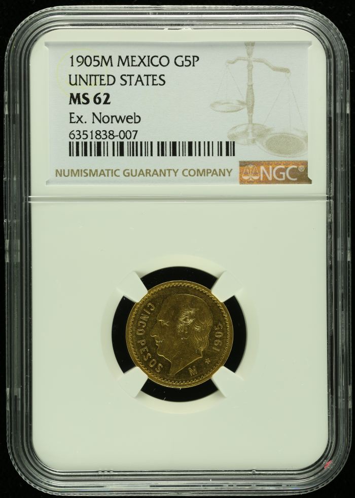 Modern Gold 5 Pesos 1905 M NGC MS62 0127899Modern Gold 5 Pesos 1905 M NGC MS62 0127899