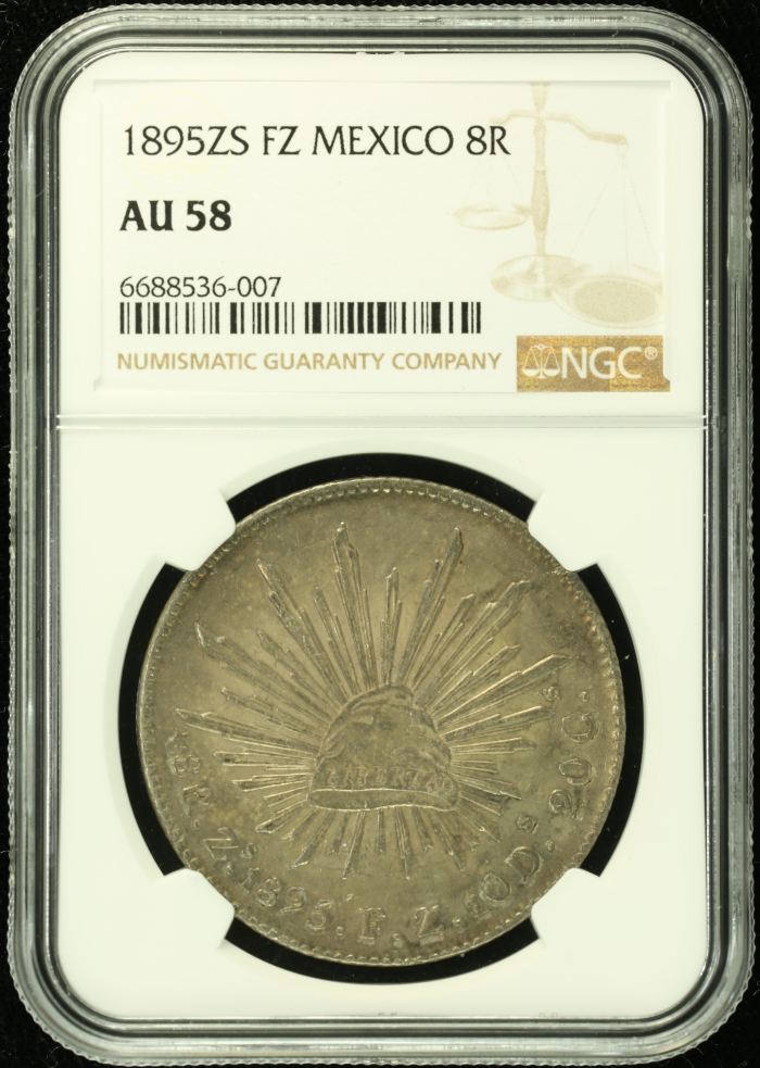 Zacatecas 8 Reales 1895 Zs FZ NGC AU58 0128321Zacatecas 8 Reales 1895 Zs FZ NGC AU58 0128321