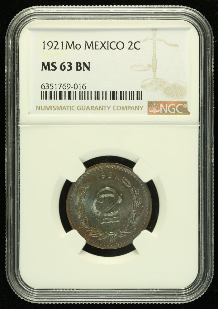 Modern Silver & Minors 2 Centavos 1921 Mo NGC MS63BN 0129301Modern Silver & Minors 2 Centavos 1921 Mo NGC MS63BN 0129301
