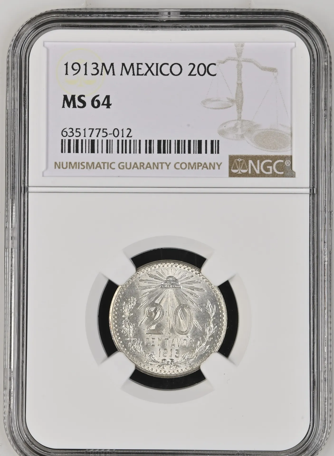 20 Centavo Mexican Coins Modern Silver & Minors Modern Silver & Minors 20 Centavo 1913 M NGC MS64 0130047 Modern Silver & Minors 20 Centavo 1913 M NGC MS64 0130047