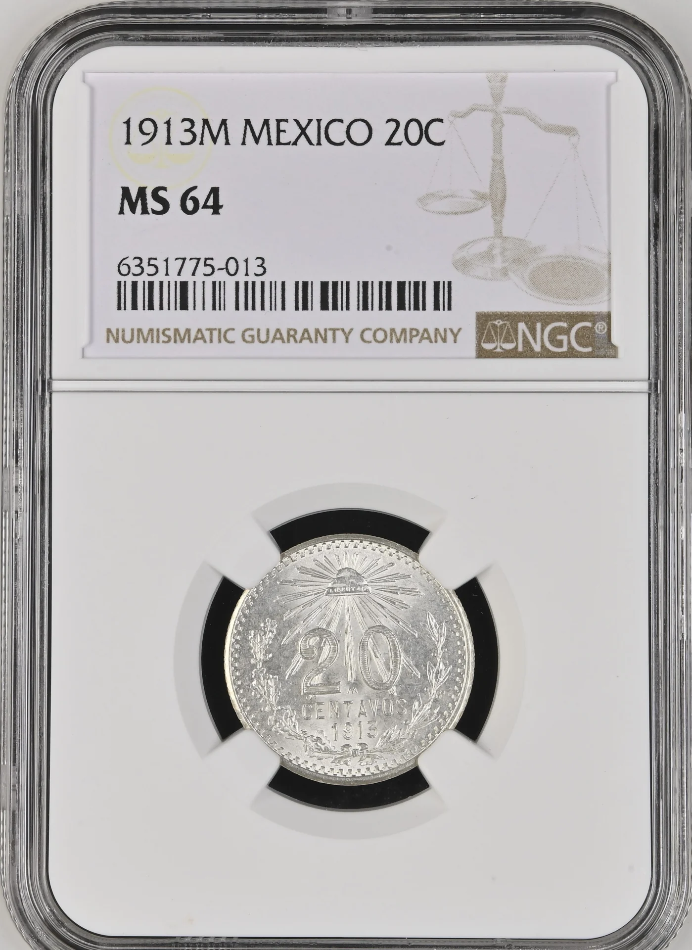 20 Centavo Mexican Coins Modern Silver & Minors Modern Silver & Minors 20 Centavo 1913 M NGC MS64 0130048 Modern Silver & Minors 20 Centavo 1913 M NGC MS64 0130048Modern Silver & Minors 20 Centavo 1913 M NGC MS64 0130048