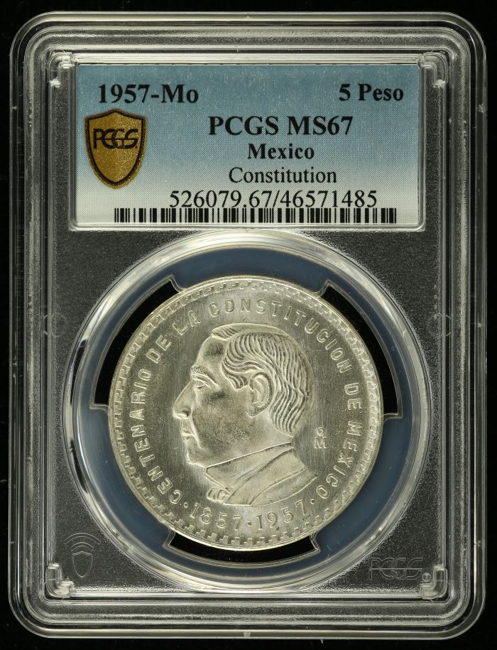 Modern Silver & Minors 5 Peso 1957 Mo PCGS MS67 0130399Modern Silver & Minors 5 Peso 1957 Mo PCGS MS67 0130399