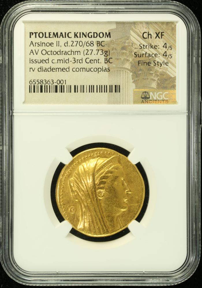 Ptolemaic Kingdom Arsinoe II d.270/68 BC AV Octodrachm NGC Ch XF 0130420Ptolemaic Kingdom Arsinoe II d.270/68 BC AV Octodrachm NGC Ch XF 0130420