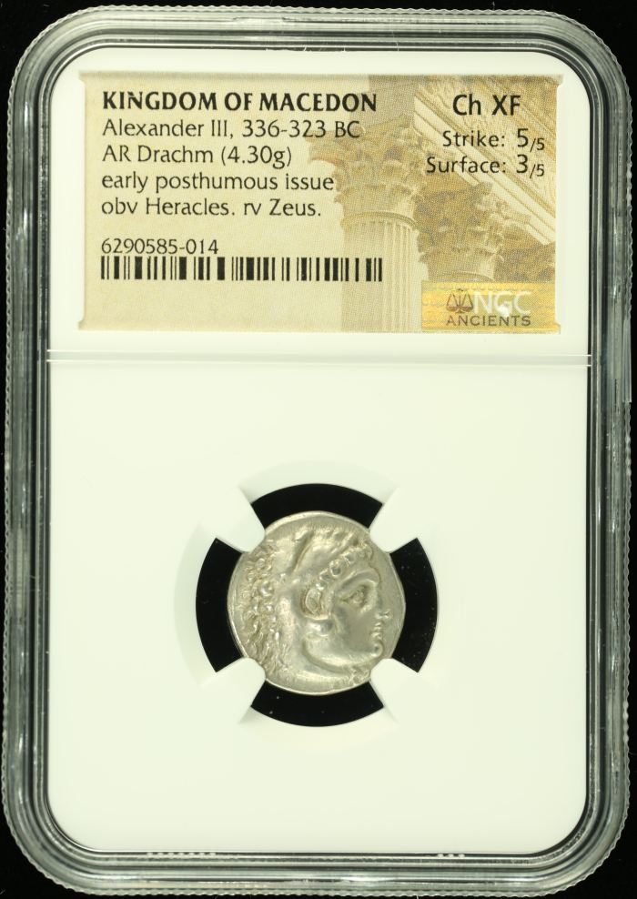 Macedonian Kings Alexander III(The Great) 336-323 BC AR Drachm NGC Ch XF 0130115Macedonian Kings Alexander III(The Great) 336-323 BC AR Drachm NGC Ch XF 0130115