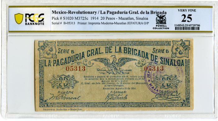 Revolutionary Currency 20 Pesos 1914 Sinaloa M3725c PCGS VF25 f_34496Revolutionary Currency 20 Pesos 1914 Sinaloa M3725c PCGS VF25 f_34496