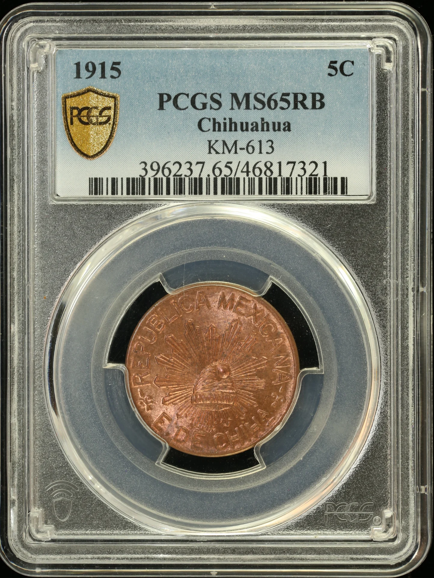 Chihuahua Mexican Coins Revolution Revolution 5 Centavo 1915 Chihuahua PCGS MS65RB 0132270 Revolution 5 Centavo 1915 Chihuahua PCGS MS65RB 0132270