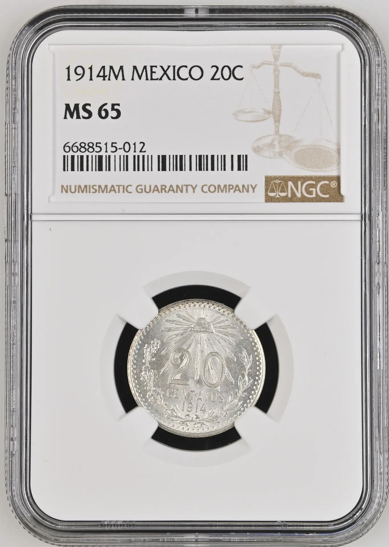 20 Centavo Mexican Coins Modern Silver & Minors Modern Silver & Minors 20 Centavo 1914 M NGC MS65 0133241 Modern Silver & Minors 20 Centavo 1914 M NGC MS65 0133241