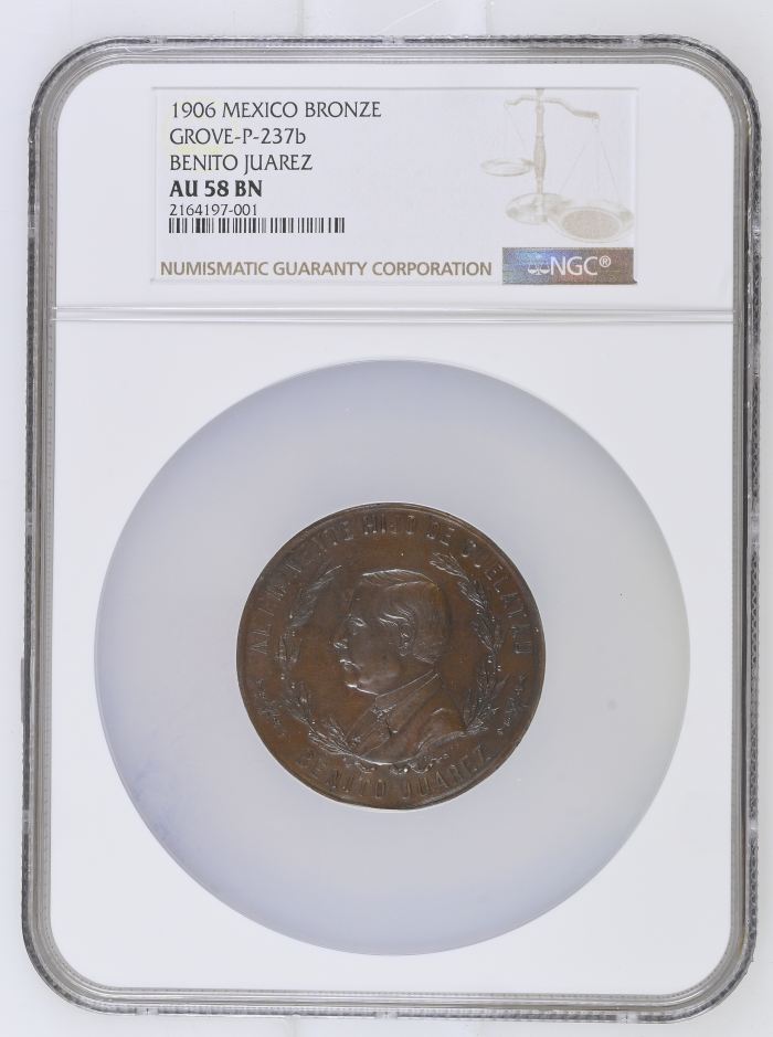 Medals & Tokens Benito Juarez Bronze Medal 1906 NGC AU58BN Grove-P-237b 0133253Medals & Tokens Benito Juarez Bronze Medal 1906 NGC AU58BN Grove-P-237b 0133253