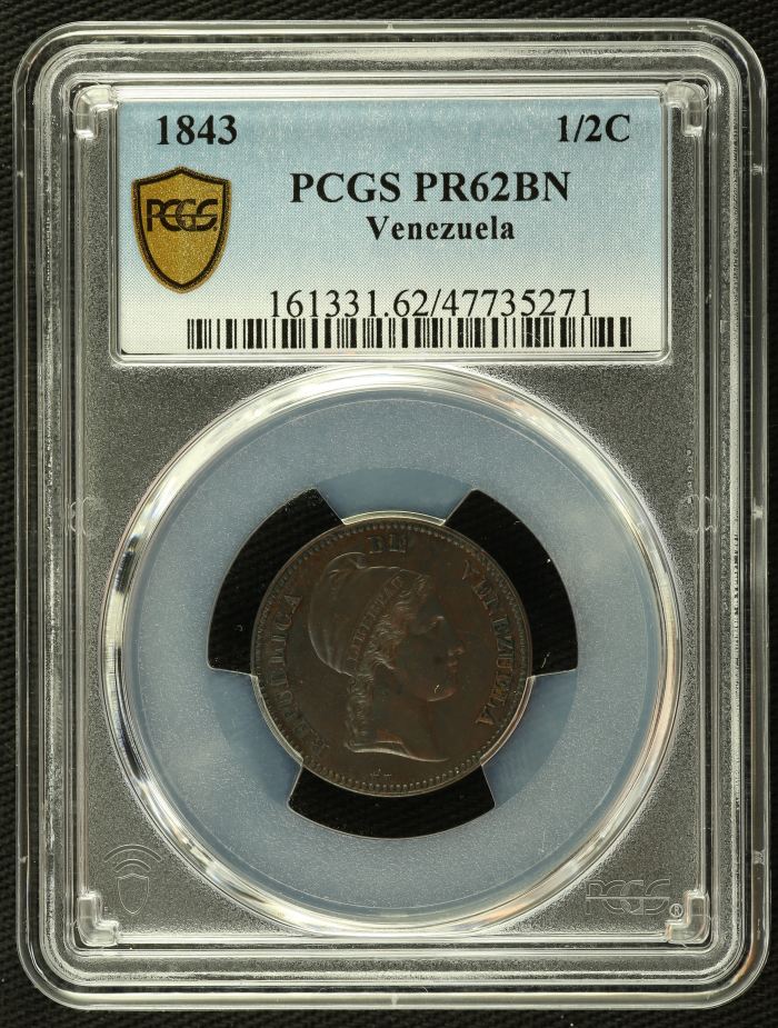 Venezuela 1/2 Centavo 1843 PCGS PR62BN 0133894Venezuela 1/2 Centavo 1843 PCGS PR62BN 0133894