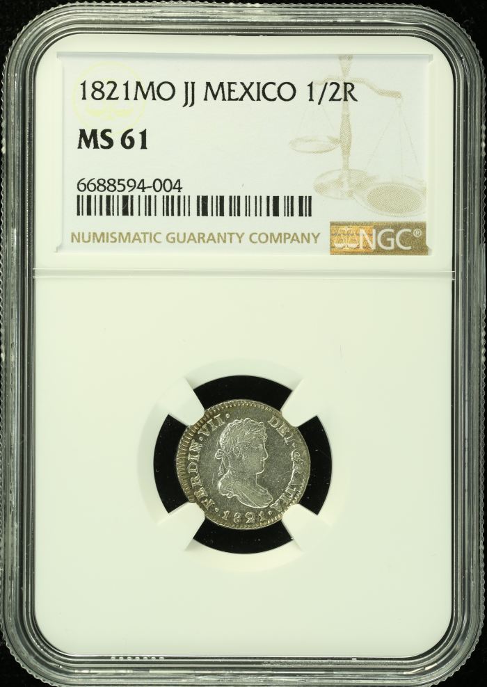 Colonial Silver & Minors 1/2 Real 1821 Mo JJ NGC MS61 0133219Colonial Silver & Minors 1/2 Real 1821 Mo JJ NGC MS61 0133219