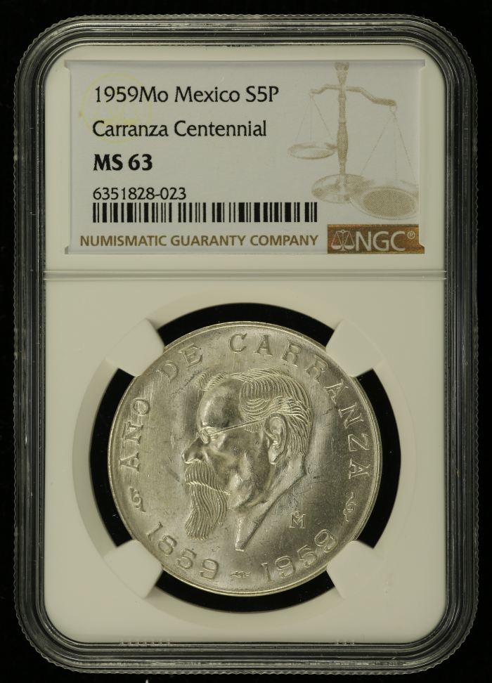 Modern Silver & Minors 5 Peso 1959 Mo NGC MS63 0133484Modern Silver & Minors 5 Peso 1959 Mo NGC MS63 0133484