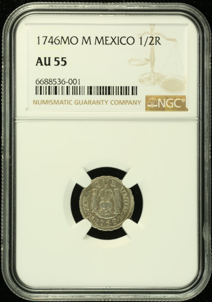 Colonial Silver & Minors 1/2 Real 1746 Mo M NGC AU55 0133210Colonial Silver & Minors 1/2 Real 1746 Mo M NGC AU55 0133210
