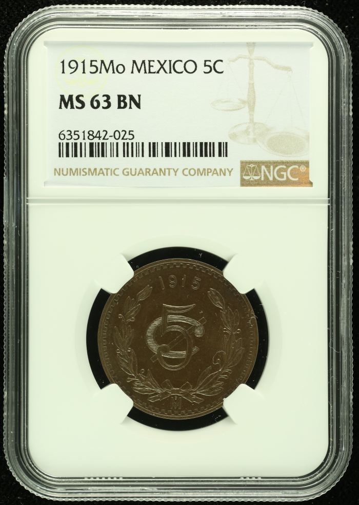 Modern Silver & Minors 5 Centavo 1915 Mo NGC MS63BN 0133633Modern Silver & Minors 5 Centavo 1915 Mo NGC MS63BN 0133633