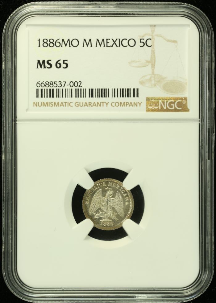 Republic Silver & Minors 5 Centavos 1886 Mo M NGC MS65 0133386Republic Silver & Minors 5 Centavos 1886 Mo M NGC MS65 0133386