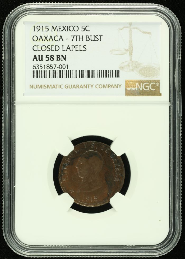 Oaxaca 5 Centavo 1915 Oaxaca NGC AU58BN 0133694Oaxaca 5 Centavo 1915 Oaxaca NGC AU58BN 0133694