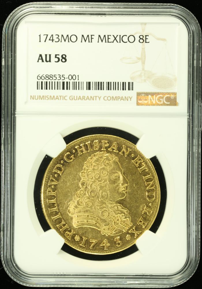Colonial Gold 8 Escudos 1743 Mo MF NGC AU58 0133175Colonial Gold 8 Escudos 1743 Mo MF NGC AU58 0133175