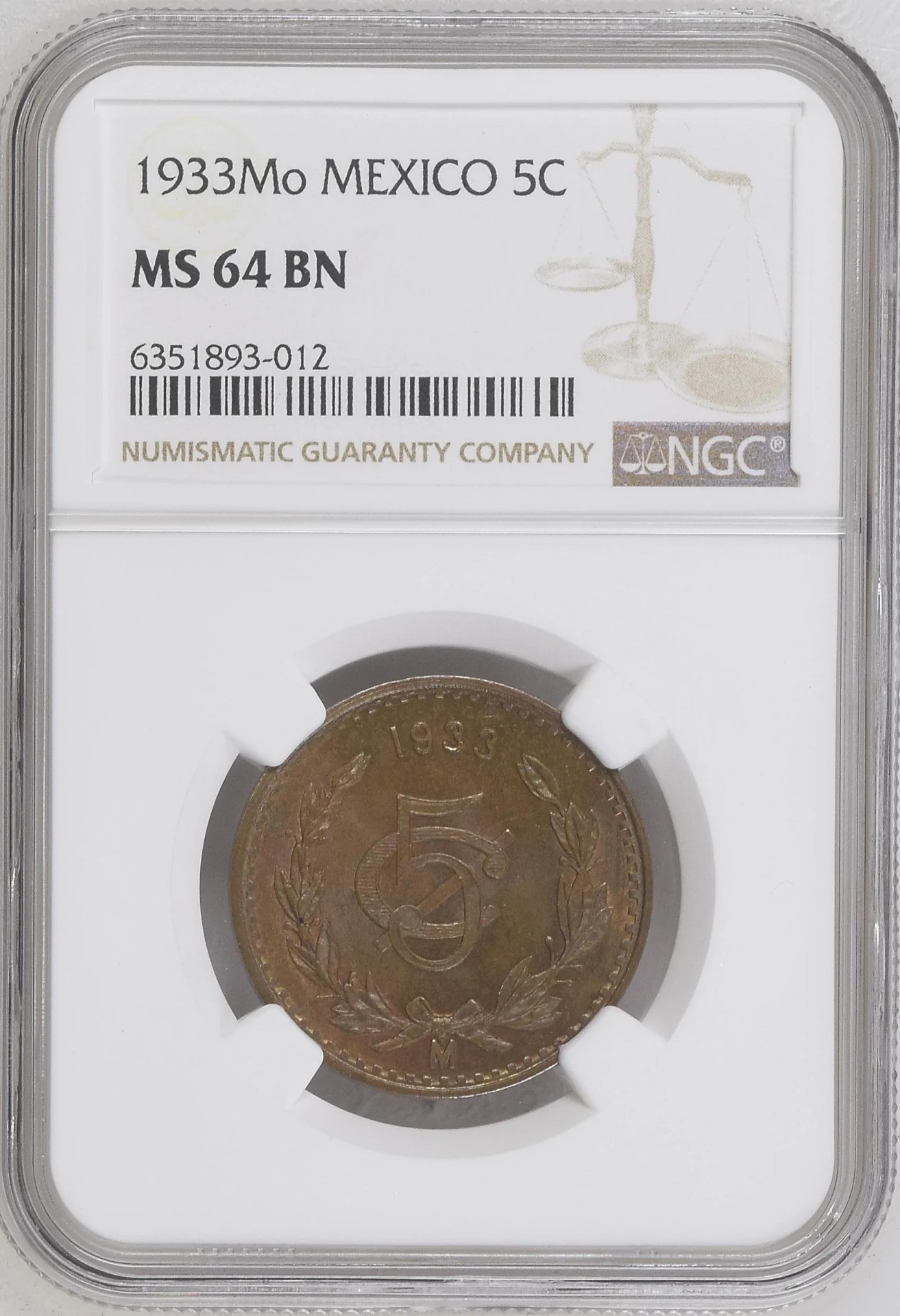5 Centavo Mexican Coins Modern Silver & Minors Modern Silver & Minors 5 Centavo 1933 Mo NGC MS64BN 0134047 Modern Silver & Minors 5 Centavo 1933 Mo NGC MS64BN 0134047