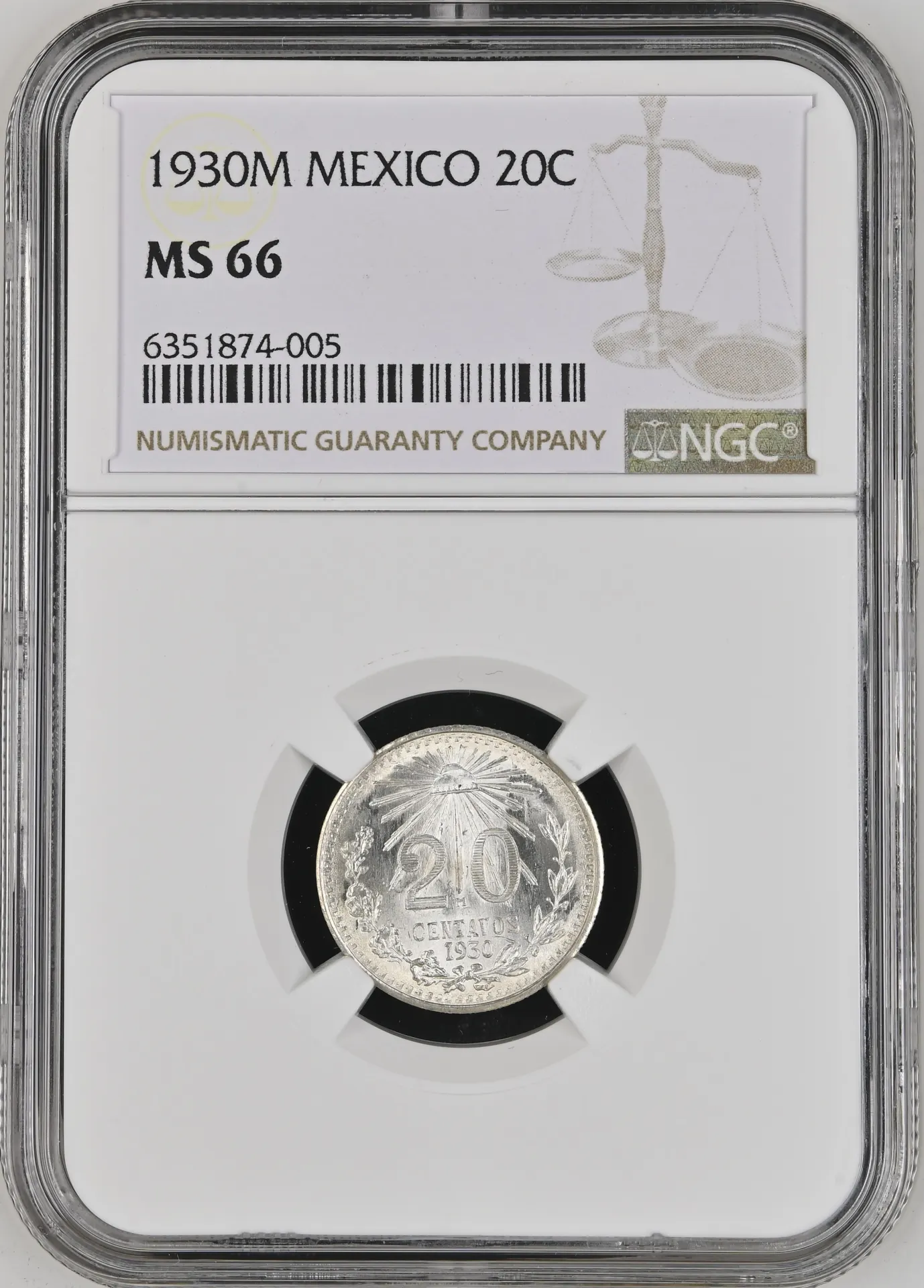Modern Silver & Minors 20 Centavo 1930 M NGC MS66 0134296