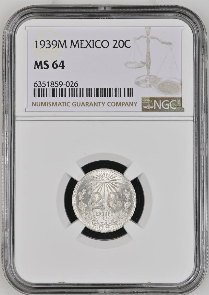 Modern Silver & Minors 20 Centavo 1939 M NGC MS64 0134337Modern Silver & Minors 20 Centavo 1939 M NGC MS64 0134337